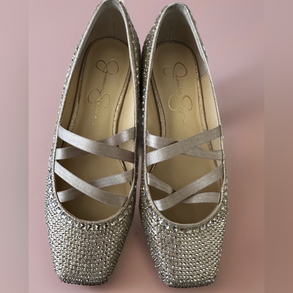 Jessica Simpson Shimmer Sand Gold Flats with Rhinestones